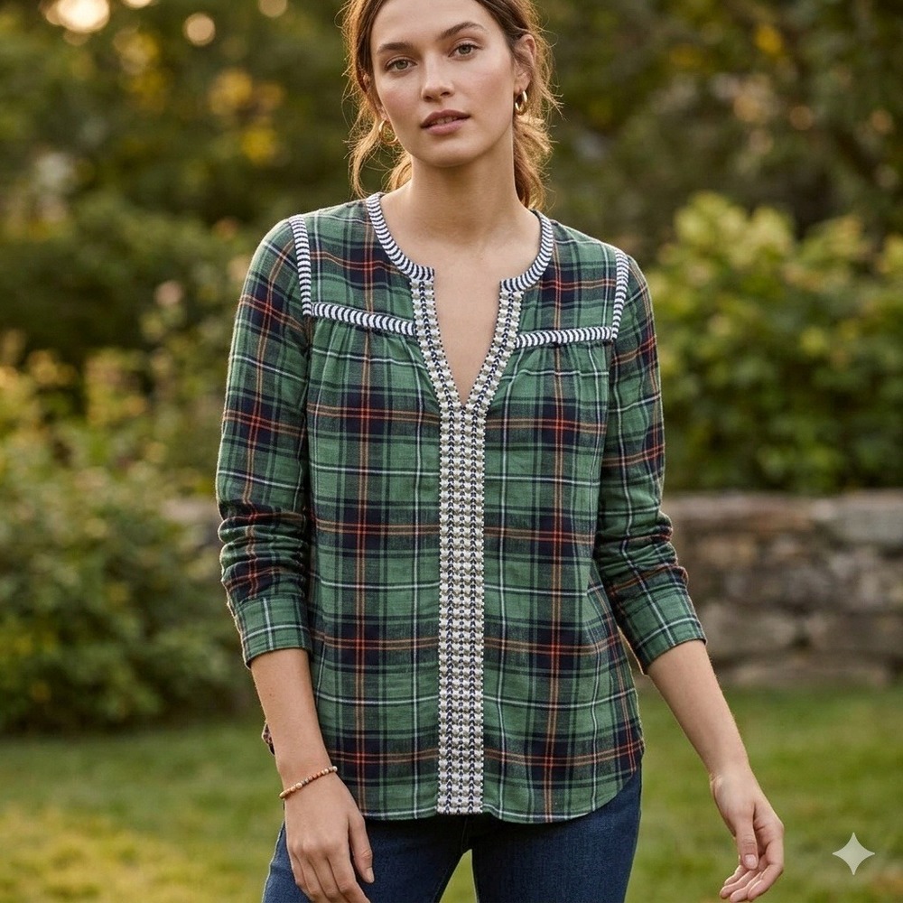 J.Crew Womens Green Orange Plaid Embroidered Split Neck Tunic Blouse Top‎